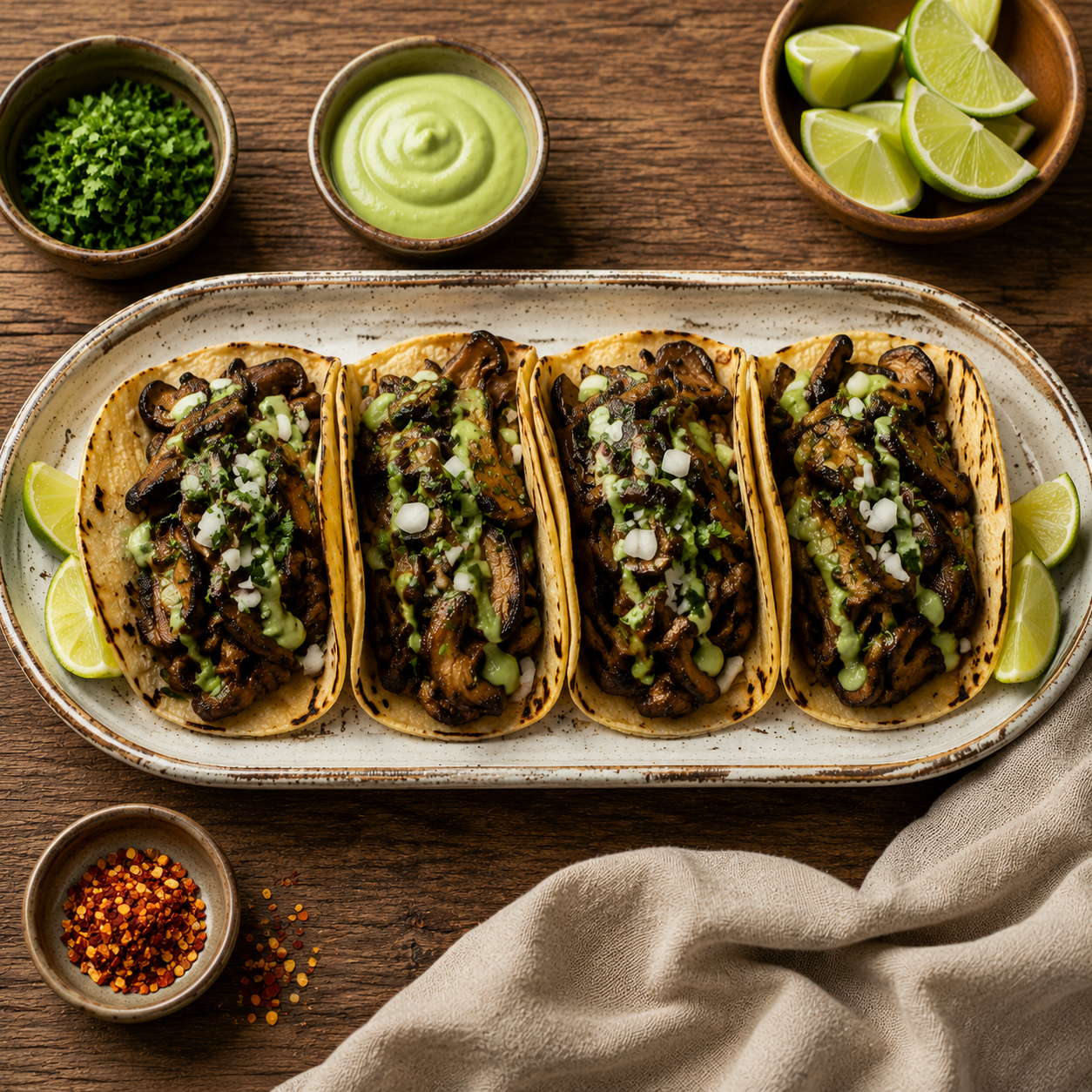 Overhead view of porcini mushroom tacos topped with green sauce, diced onion, and lime wedges