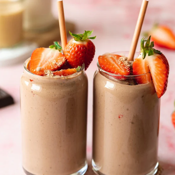 Two strawberry smoothies in glasses topped with fresh strawberries