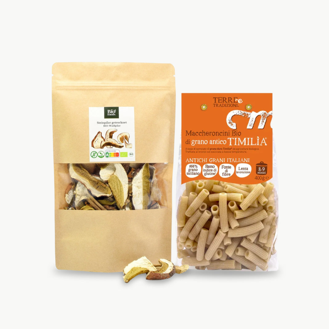 Organic dried porcini mushrooms with Italian maccheroncini pasta made from ancient Timilia wheat