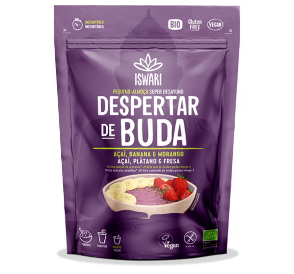 Healthy instant gluten-free porridge mix – acai, banana, strawberry, buckwheat, and flax seeds.