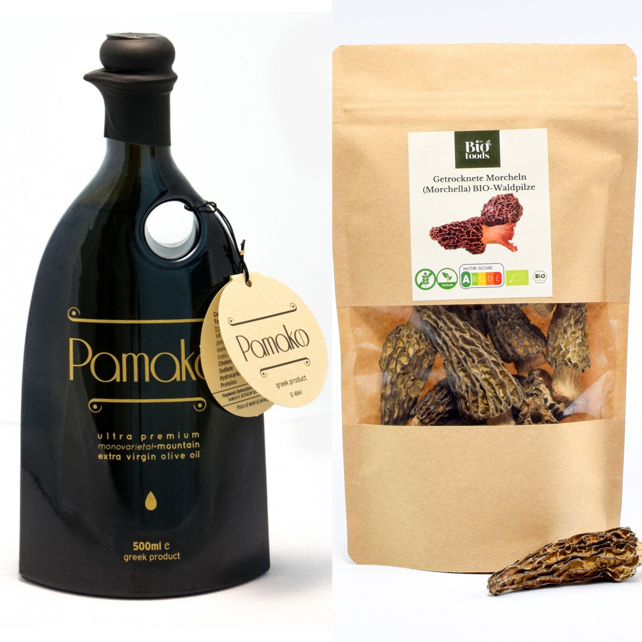 Pamako olive oil bottle with organic dried morel mushrooms