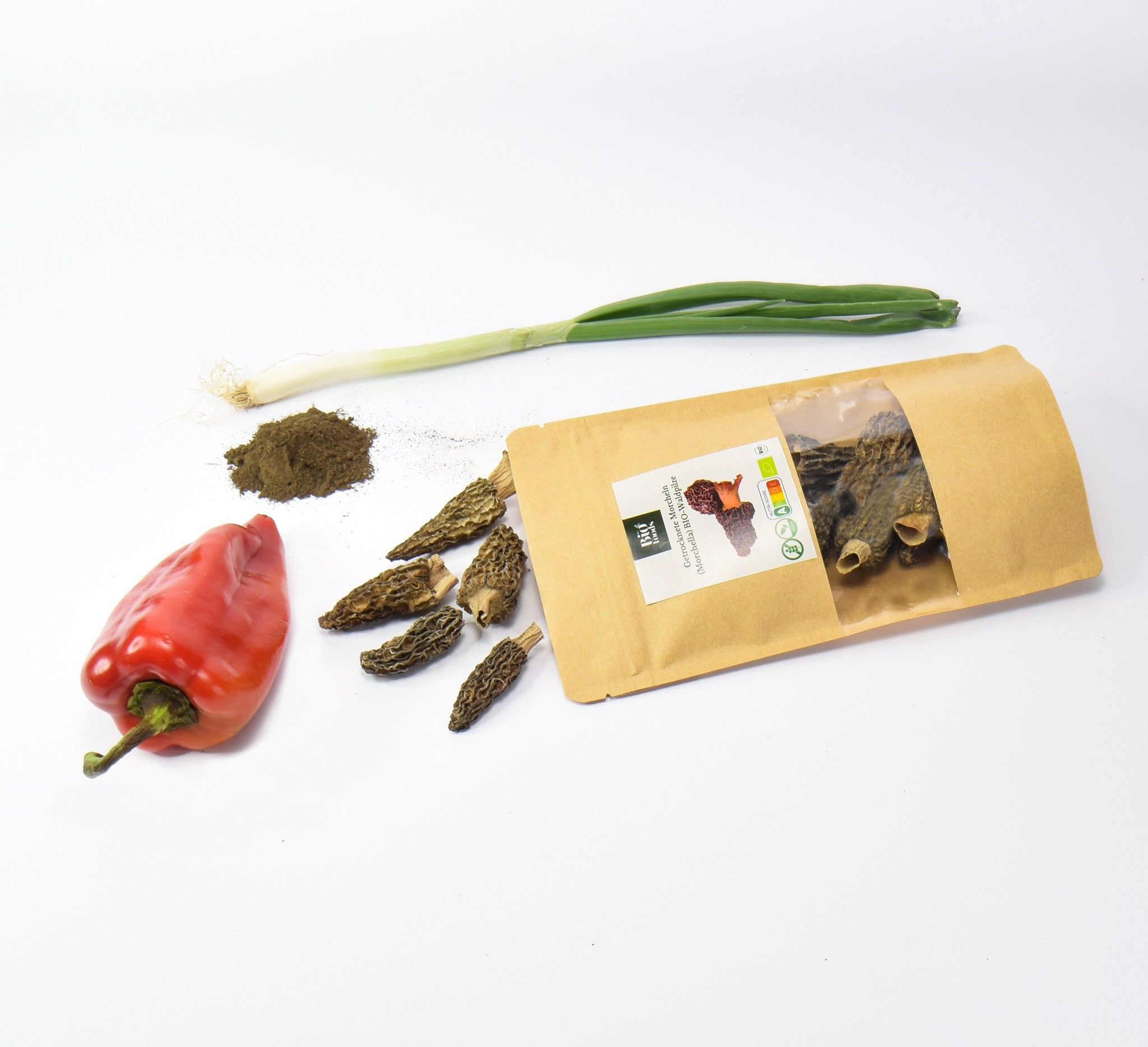 Pamako olive oil bottle with organic dried morel mushrooms