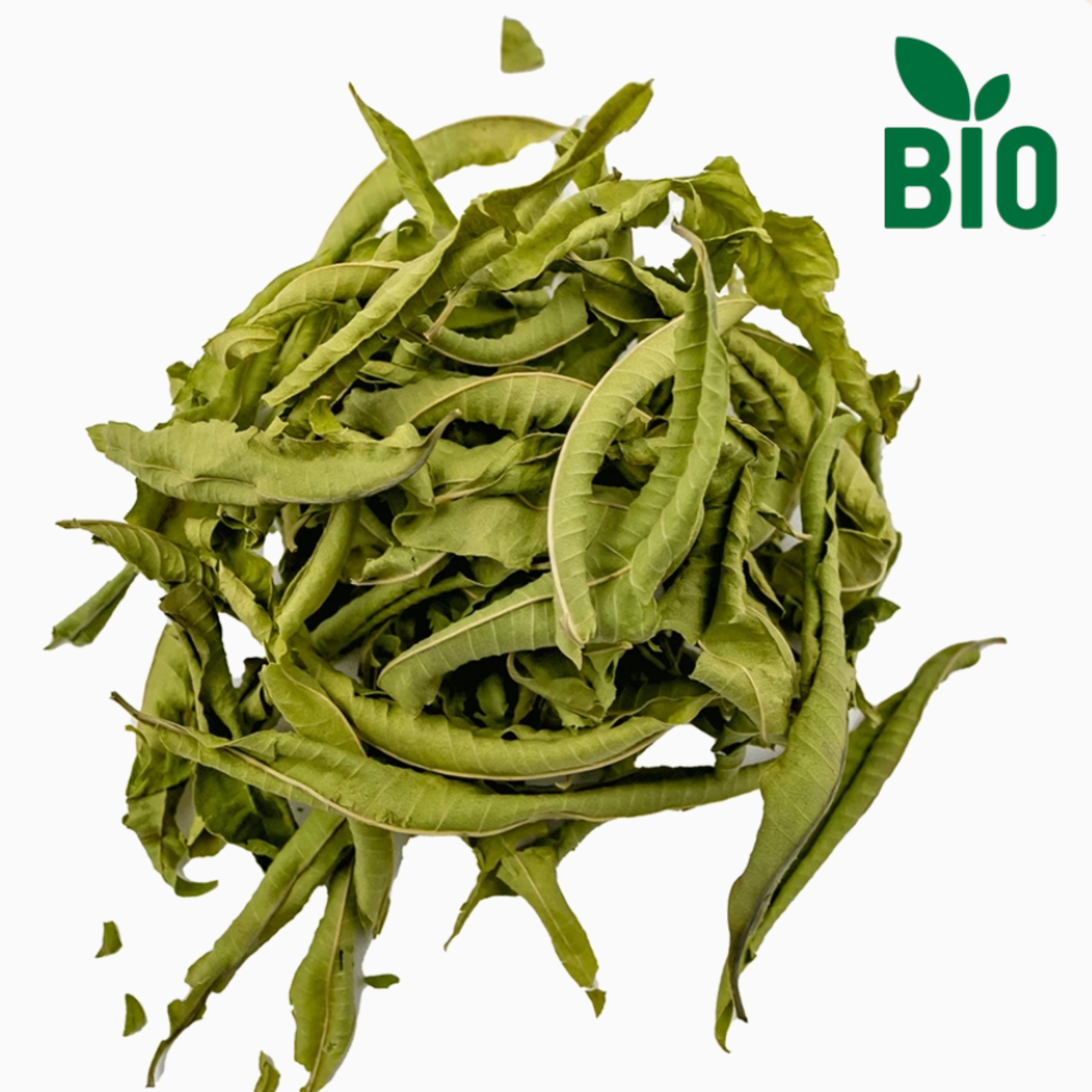 Dried leaves of organic lemon verbena tea. 