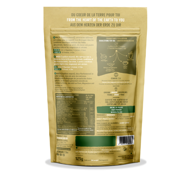 Fine beige ISWARI Maca powder from Peru, 100% organic and nutrient-rich, perfect for smoothies, porridge, and lattes.