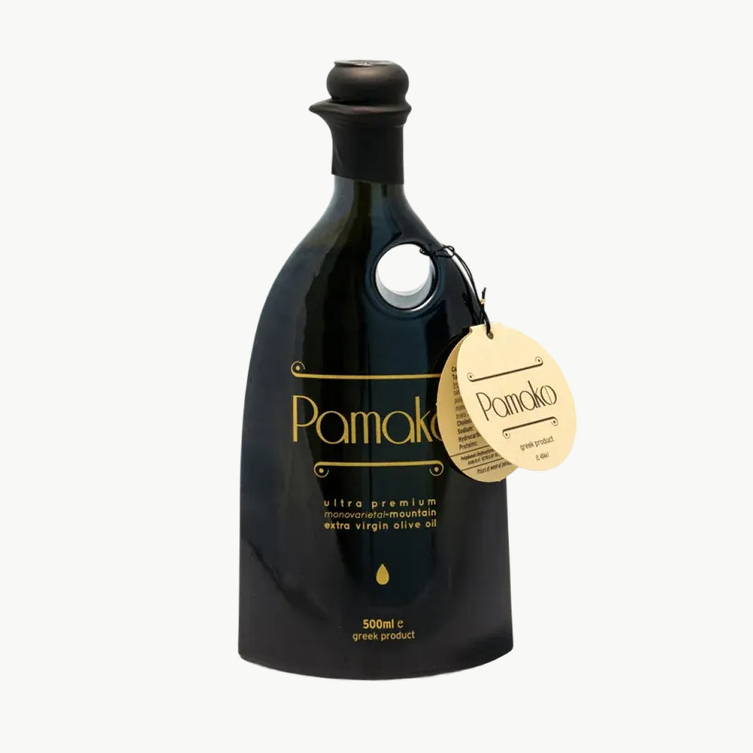 Premium extra virgin olive oil in black ceramic bottle
