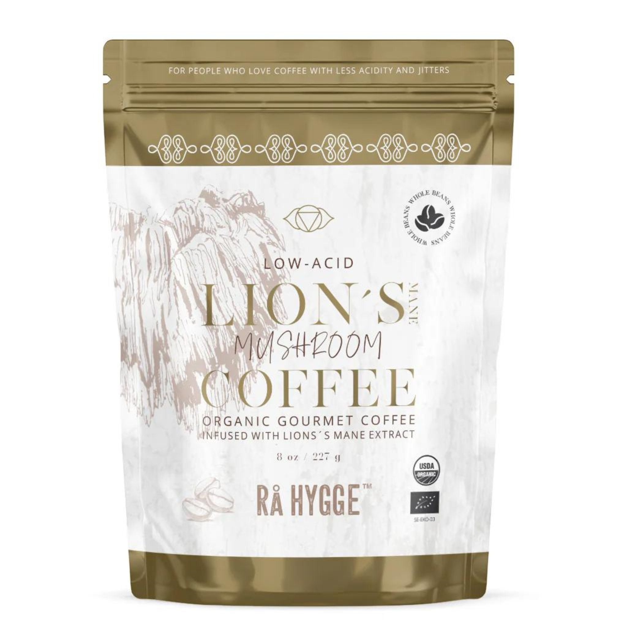 A package of Organic Lion’s Mane mushroom coffee blend for focus and energy available at The Bio Foods. 