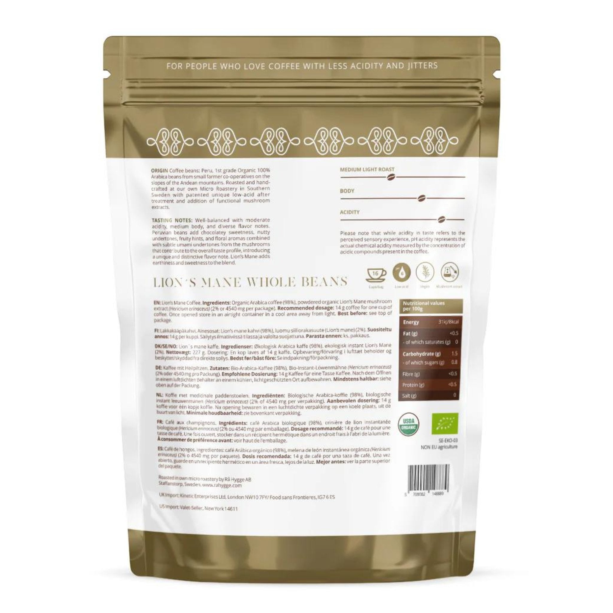 Lion's Mane Coffee Whole Beans | Lions'Mane Mushrooms | Organic Mushroom Coffee | The Bio Foods 