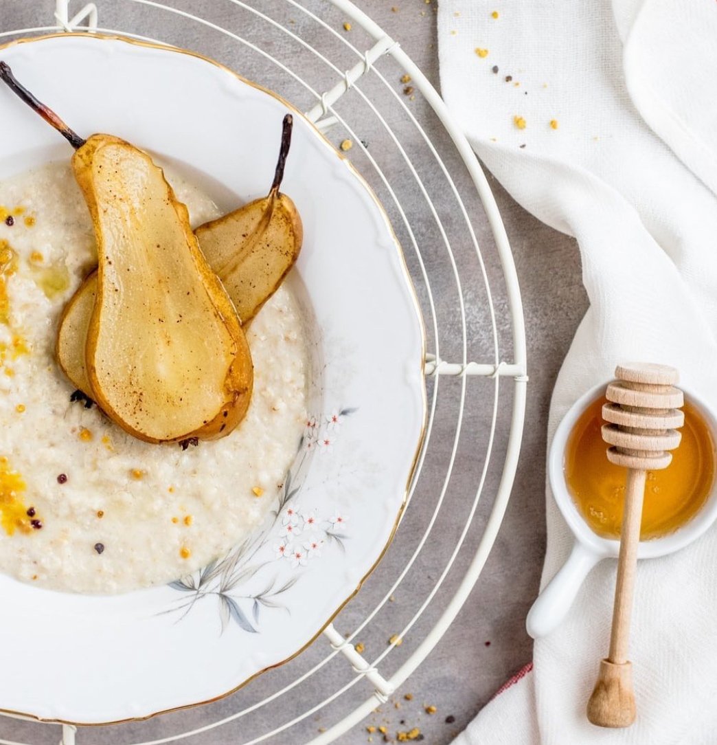 Organic Heather Honey with pears and rice. Healthy and sweet desert. 