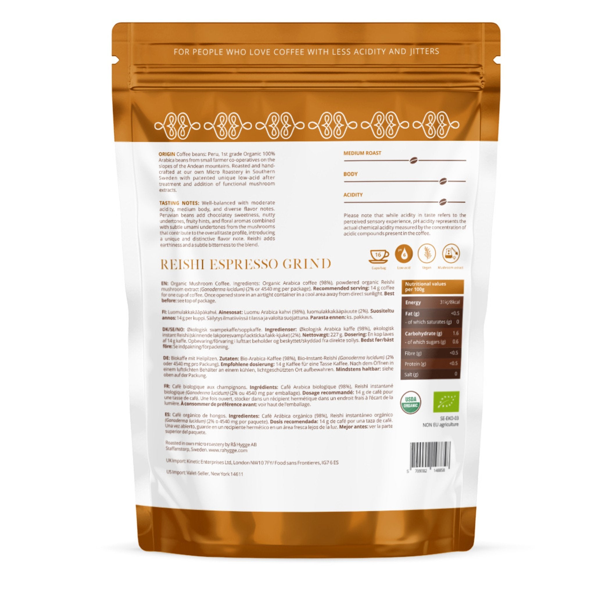 A back side of the package of Organic Reishi coffee with earthy aroma. Coffee blend promoting calm energy. 